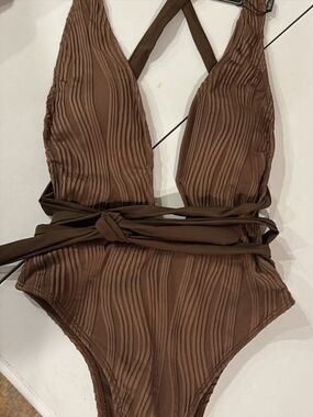 Brown Textured One-Piece Swimsuit with Wrap Detail